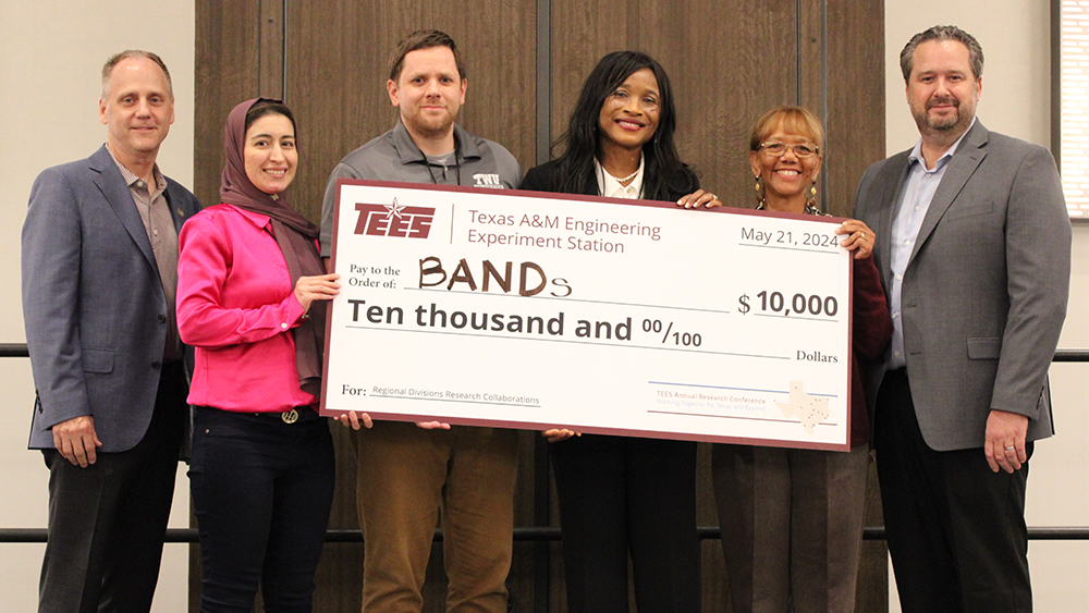 At the 2024 Conference, the BANDs team won the $10,000 Award for their project “Advancing Neurodegenerative Disease (ND) Management: Sensor-Based Risk Profiling and Disease Progression Monitoring” that proposes in-sole wearable sensors that track risk factors (e.g., physical activity, sleep, cytokine levels) and disease progression (e.g., dyskinesia, tremors, rigidity, gait abnormalities) for conditions like Parkinson's and Alzheimer's. From left to right, Rodney Bowersox, Deputy Director, Texas A&M Engineering Experiment Station; Fatemeh (Azi) Tabei from West Texas A&M University; Rhett Rigby from Texas Woman’s University-Denton; Principal Investigator Ngozi Mbue from Texas Woman’s University-Houston; Karen N. Williams from Del Mar College; and Joseph N. Dunn, Assistant Vice Chancellor and Chief Financial Officer, TEES.