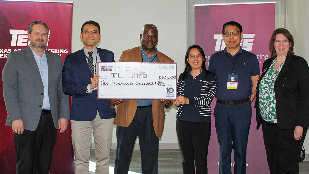 At the 2025 Conference, the TL-CHIPS team won the $10,000 Award for their project “Mitigating Thermal Hotspots in 3D Chip Stacks Using Vertically Aligned Carbon Nanotube Arrays” that proposes the use of vertically carbon nanotube arrays to enhance vertical heat conduction in 3D chip stacks. From left to right, Joseph N. Dunn, Assistant Vice Chancellor and Chief Financial Officer, Texas A&M Engineering; Lead PI Chun-Wei Yao, Lamar University; Stephen L. Jones, Tarrant County College; Jenny Zhou, Lamar University; Xuejun Fan, Lamar University; and Cindy Lawley, Assistant Vice Chancellor for Academic and Outreach Programs and Associate Agency Director for Workforce Development and Regional Divisions, Texas A&M Engineering.